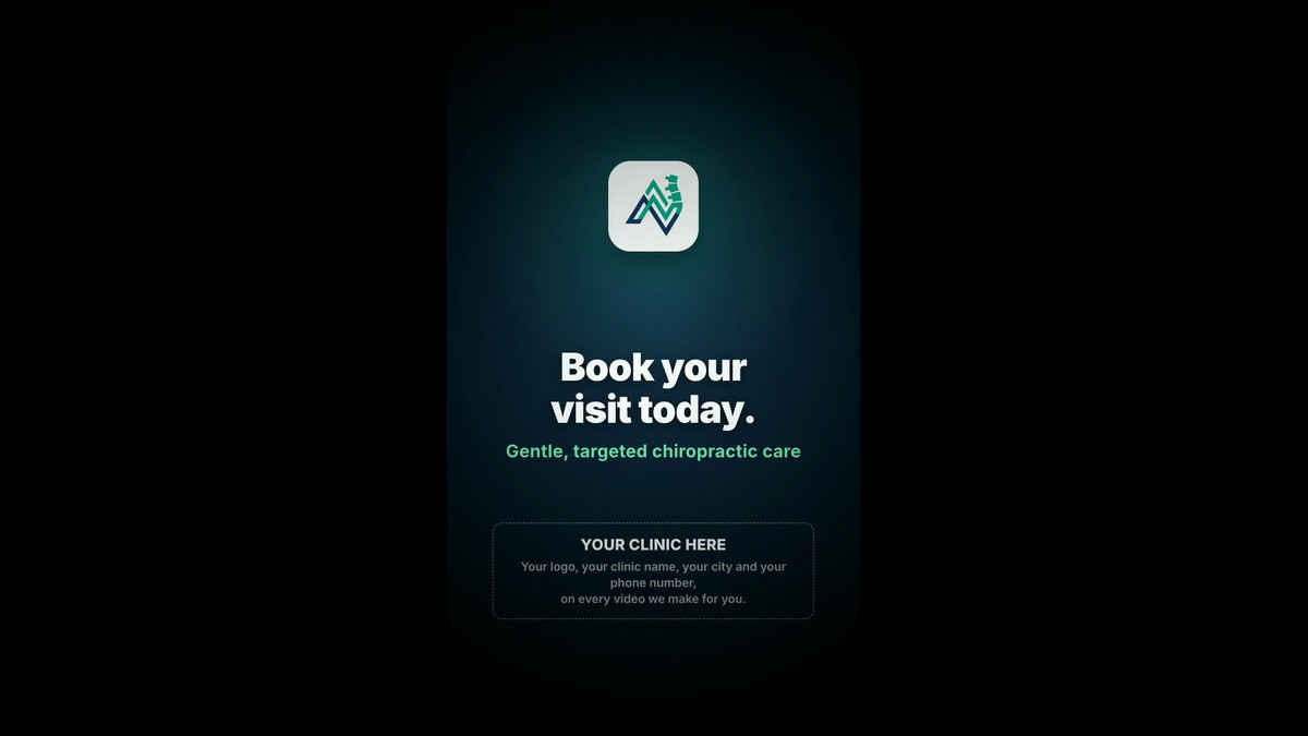 The closing card of a ChiroVant film, with space for the clinic's logo, name, city and phone number