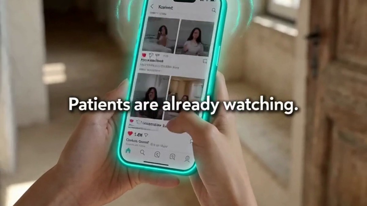 A phone showing a social feed, with the burned-in caption Patients are already watching.