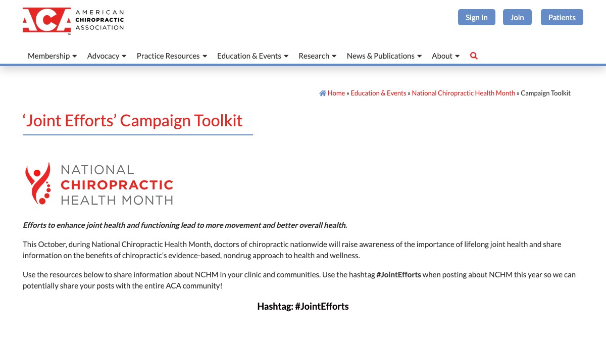 The ACA's Joint Efforts campaign toolkit page, with the hashtag #JointEfforts