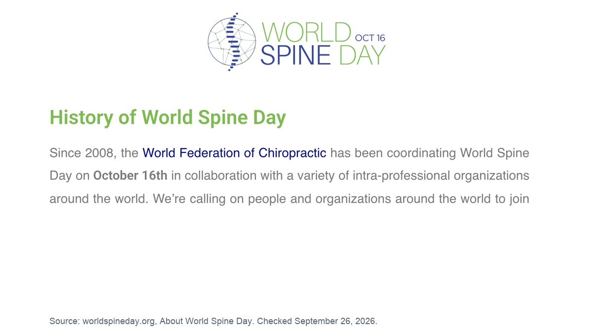 World Spine Day page: the World Federation of Chiropractic has coordinated it on October 16 since 2008