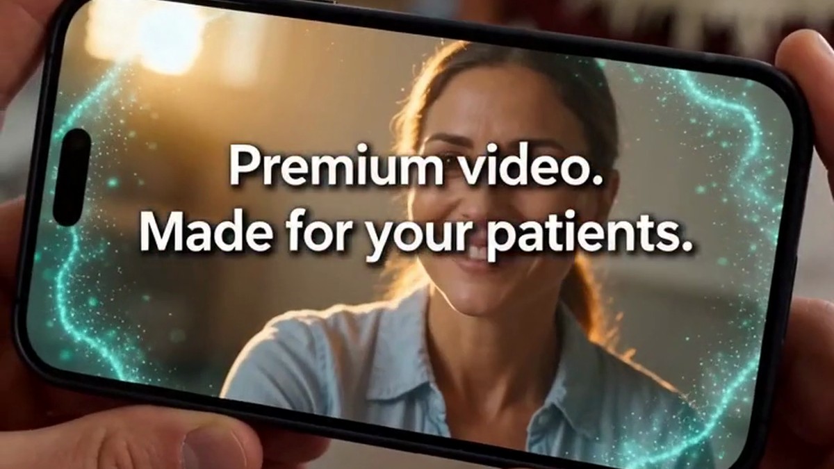 A phone playing a ChiroVant film with the burned-in caption Premium video. Made for your patients.