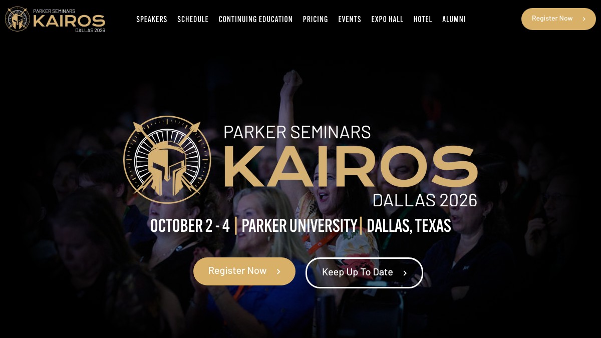 The Parker Seminars Dallas 2026 page, showing October 2 to 4 at Parker University in Dallas, Texas