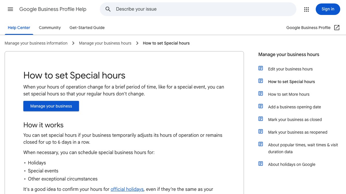 Google Business Profile Help page, How to set Special hours