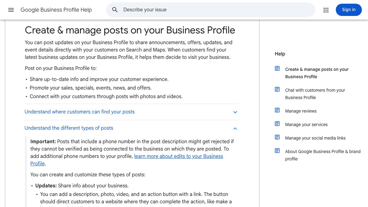 Google Business Profile Help page, Create and manage posts, showing the types of posts and the note on phone numbers