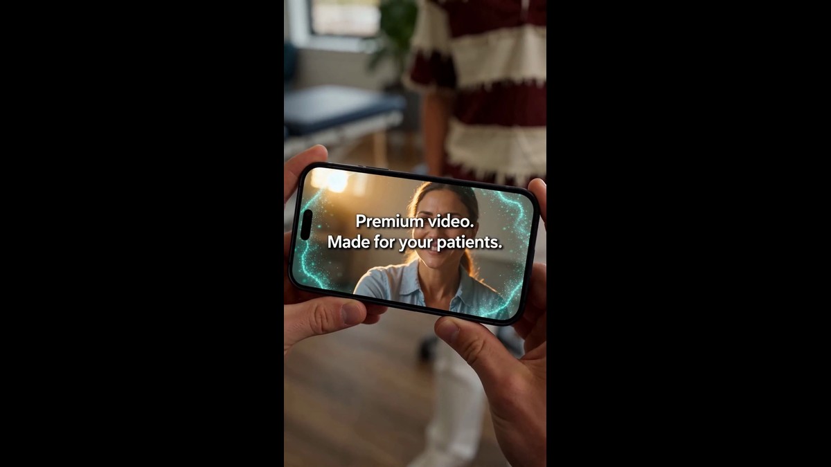 A phone playing a ChiroVant film with the burned-in caption Premium video. Made for your patients.