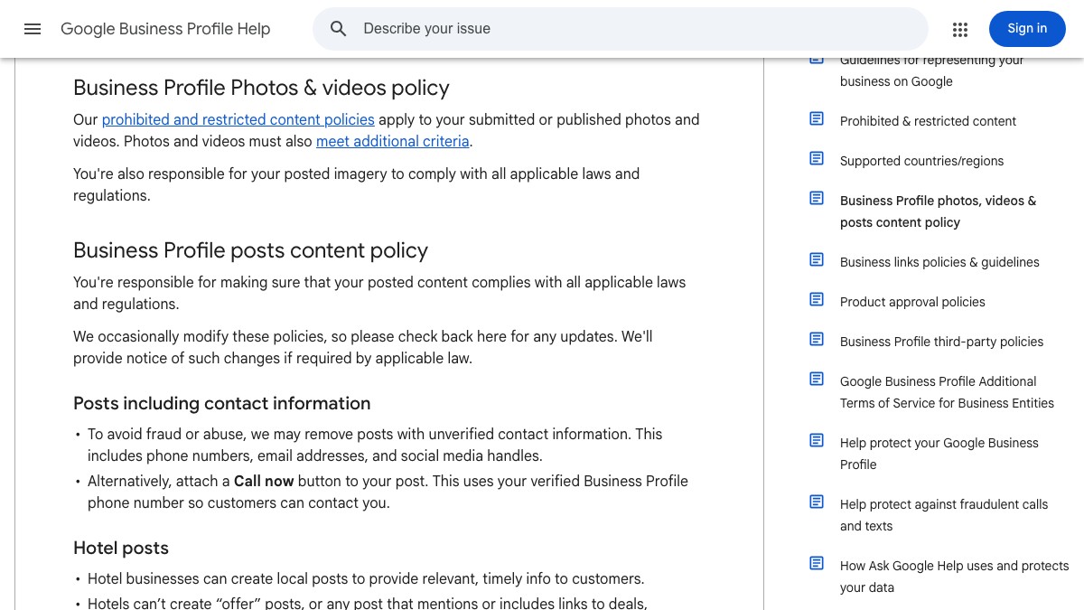 Google's Business Profile posts content policy on posts with unverified contact information and the Call now button