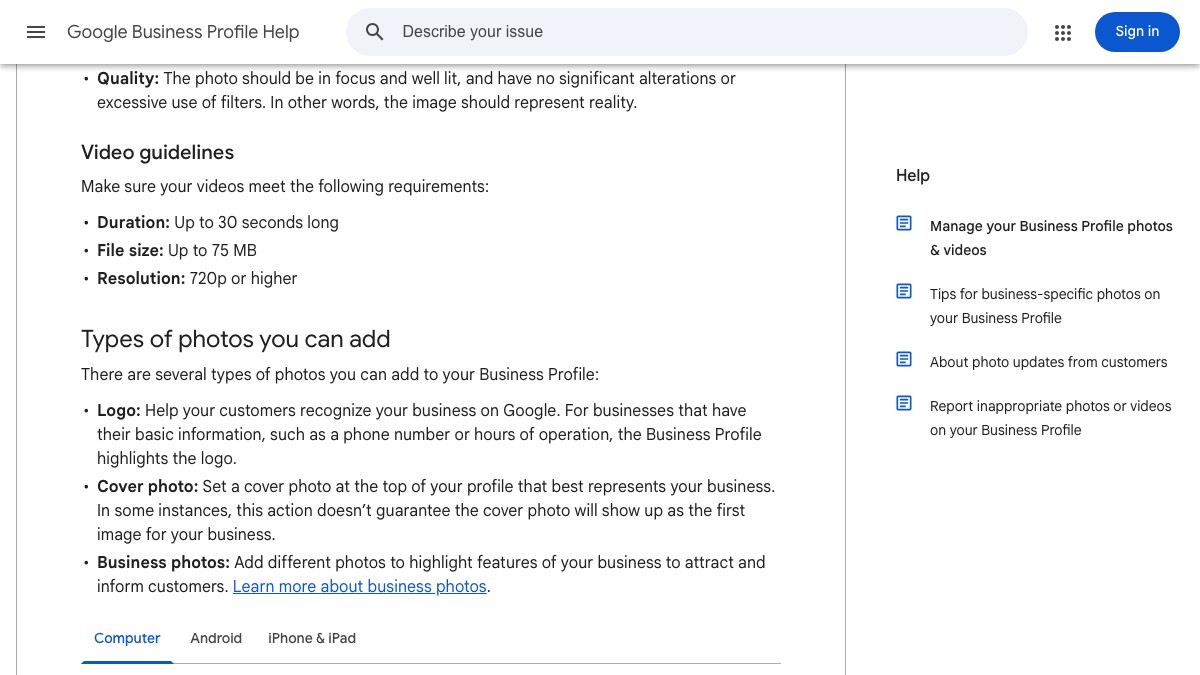 Google Business Profile Help video guidelines: up to 30 seconds long, up to 75 MB, 720p or higher