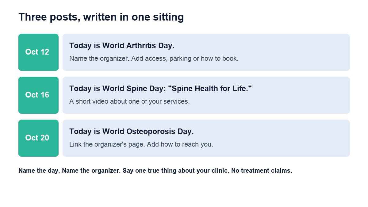 Three caption outlines for October 12, 16 and 20: name the day, name the organizer and say one true thing about the clinic
