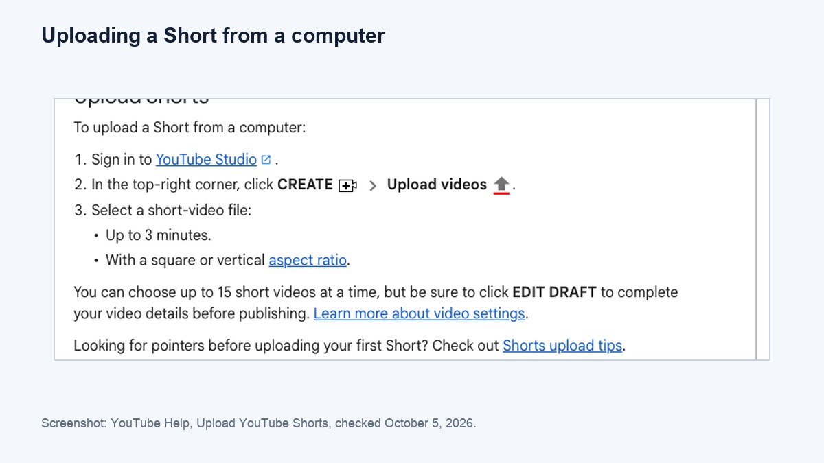 YouTube Help page on uploading a Short from a computer in YouTube Studio