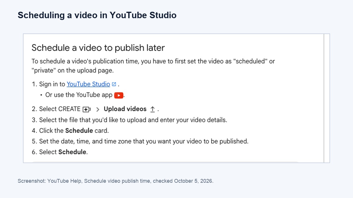 YouTube Help page on scheduling a video to publish later with the Schedule card
