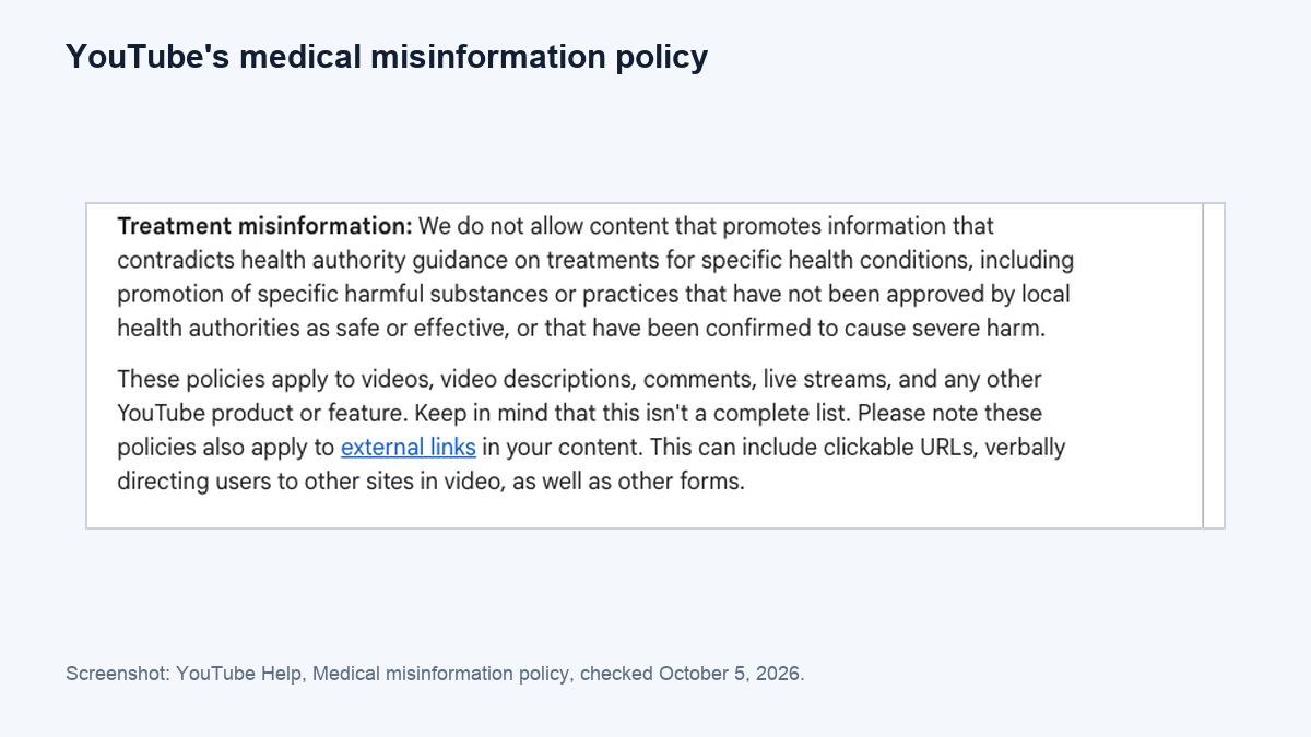 YouTube's medical misinformation policy on treatment misinformation, which also covers descriptions, comments and external links