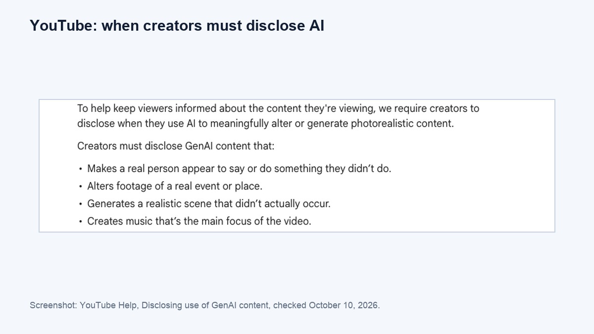 YouTube Help page listing when creators must disclose AI content, including realistic scenes that did not actually occur