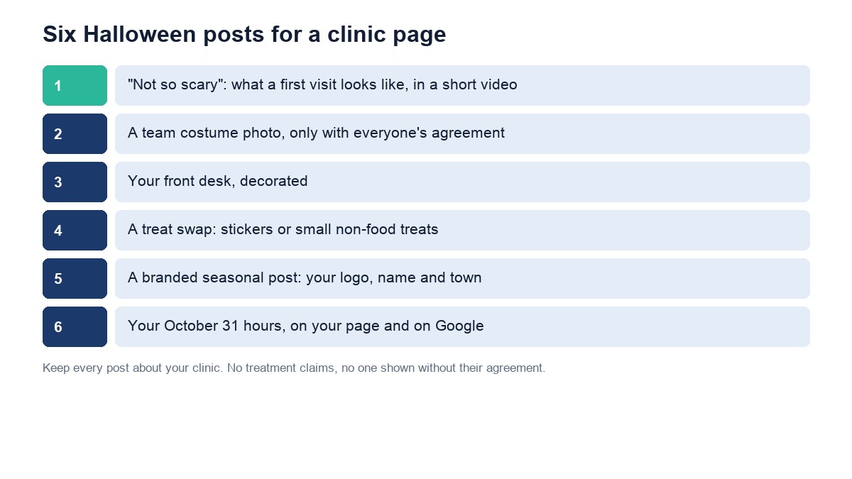 Six Halloween posts for a chiropractic clinic page, from a first-visit video to the October 31 hours