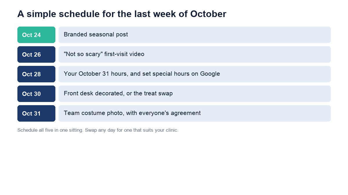 A simple posting schedule for the last week of October, from a branded seasonal post to a team costume photo