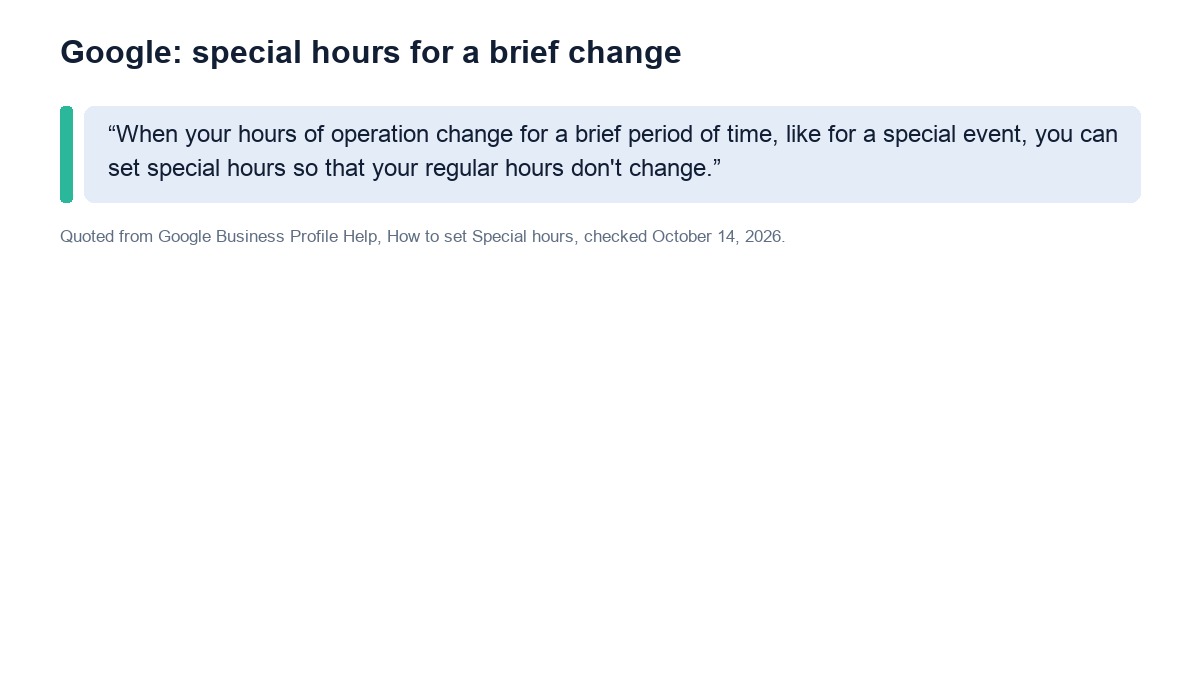 Google Business Profile help on setting special hours for a brief change, like a special event