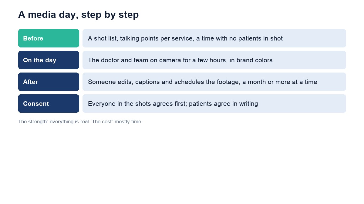 A chiropractic media day step by step: before, on the day, after, and consent from everyone in the shots