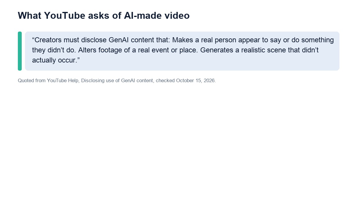 YouTube's rule on disclosing AI content, including content that generates a realistic scene that did not actually occur