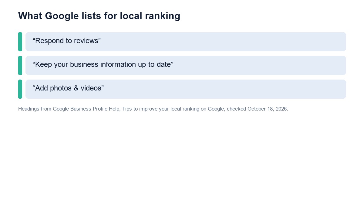 Headings from Google's tips to improve local ranking: respond to reviews, keep information up to date, add photos and videos