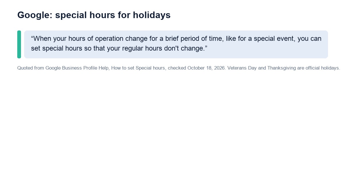 Google's guidance on setting special hours for a brief change, useful for Veterans Day and Thanksgiving