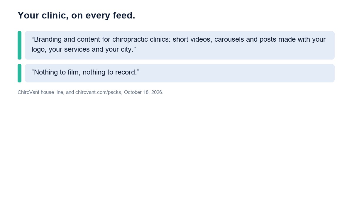 ChiroVant house line, Your clinic, on every feed: branding and content for chiropractic clinics, with nothing to film