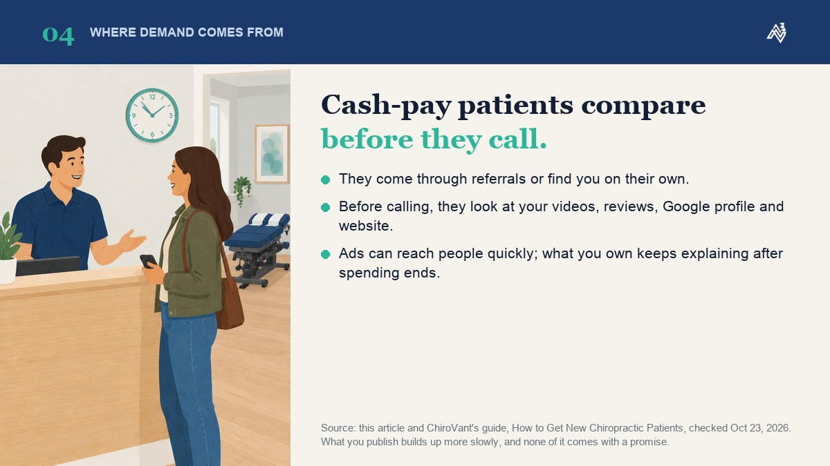 Cash-pay patients come through referrals or find a chiropractic clinic on their own, then compare its videos, reviews, Google profile and website before calling