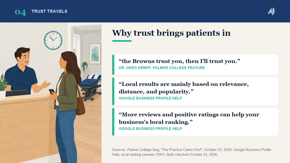 Quotes on trust and local search: Dr. Greg Kempf on why people trusted him once the Browns did, and Google on how local results and reviews work