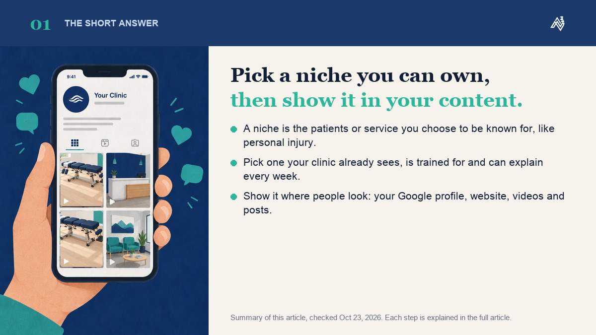 A chiropractic niche is the patients or service a clinic wants to be known for: pick one it already sees and can explain every week, then show it in its own content