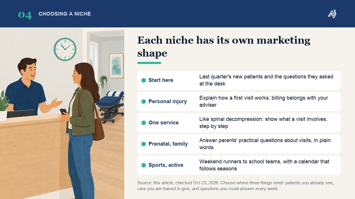 Starting from a clinic's own records, how marketing differs for four chiropractic niches: personal injury, one service such as spinal decompression, prenatal and family care, and sports