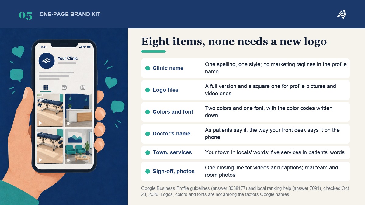 A one-page brand kit for one clinic: exact name, logo files, two colors and one font, doctor's name, town, five services, a sign-off line and real photos
