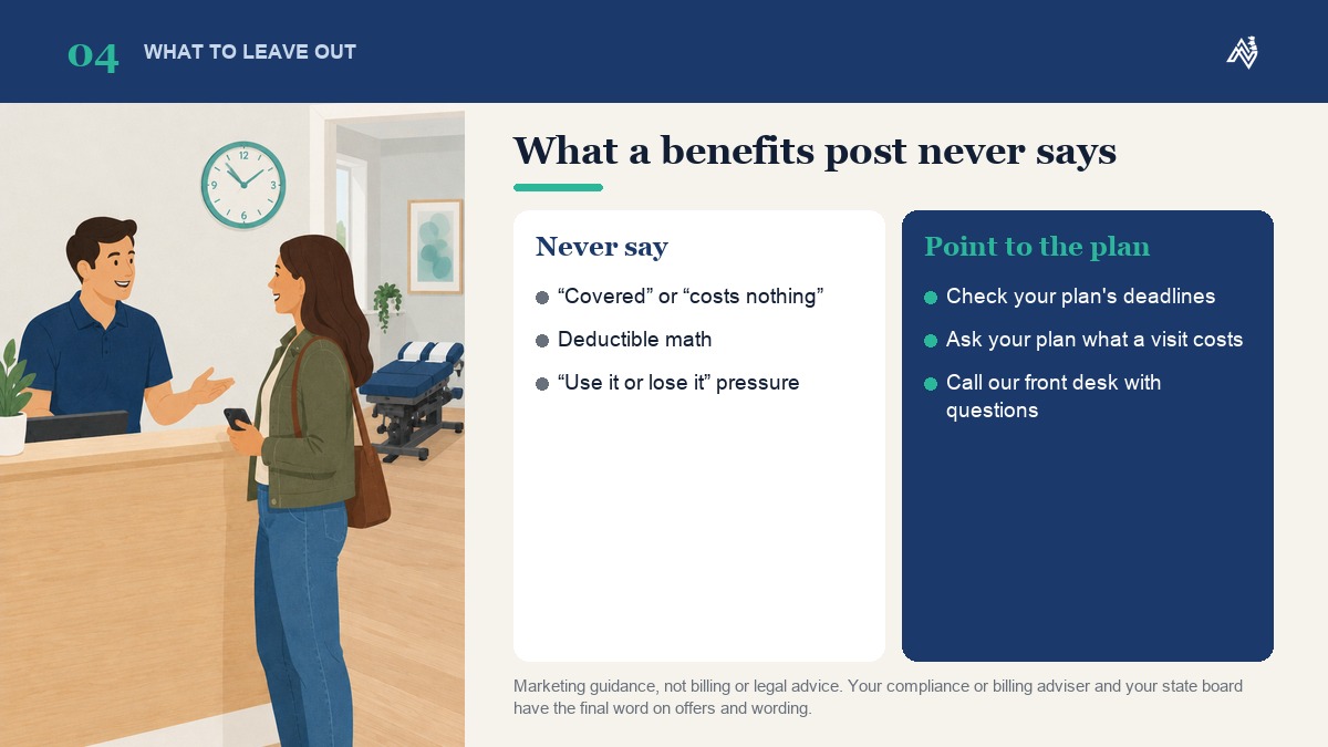 What a year-end benefits post should never say, such as covered, costs nothing or deductible math, next to reminders that point patients to their own plan