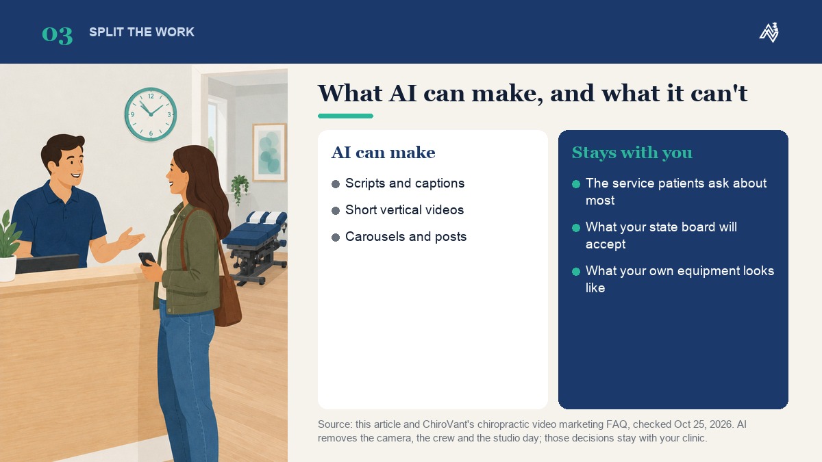 What AI marketing can make for a chiropractic clinic, scripts, captions, short vertical videos, carousels and posts, beside the decisions that stay with the clinic