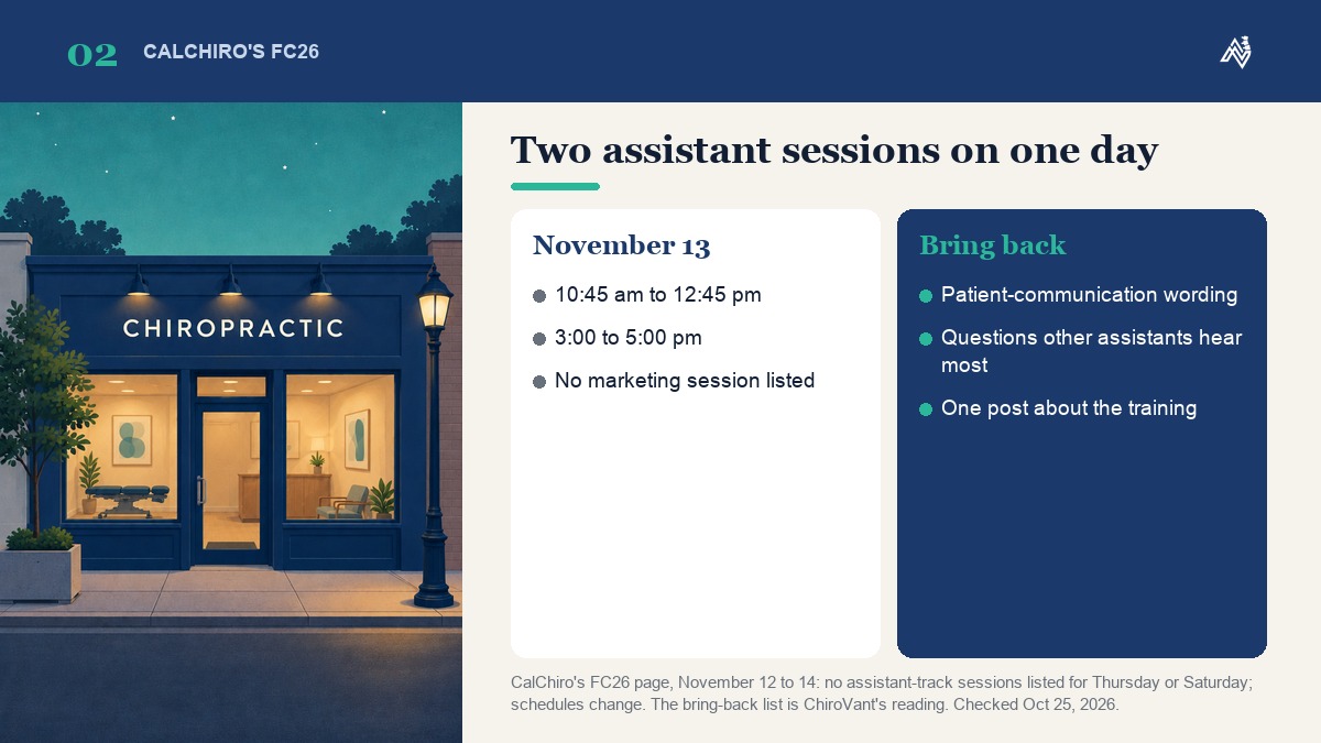 CalChiro's FC26 chiropractic assistant track meets on November 13 only, from 10:45 am to 12:45 pm and 3:00 to 5:00 pm, with no marketing session listed, and three things to bring back