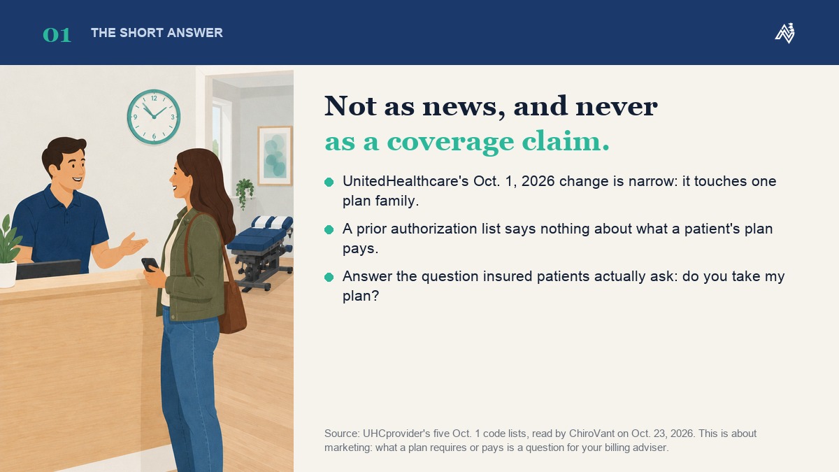Should a clinic post the Oct. 1 prior authorization change? Not as news, never as a coverage claim: chiropractic insurance marketing works when it answers the plan question, do you take my plan?