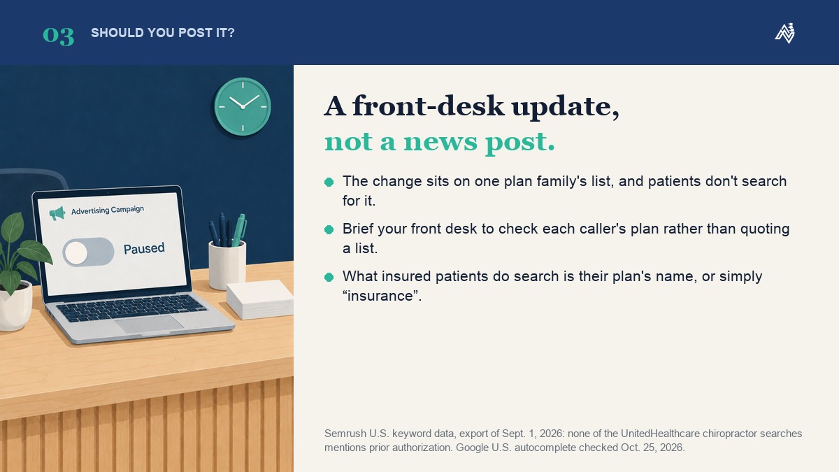 Treat the prior authorization change as a front-desk update, not a news post: the desk checks each caller's plan, and insured patients search their plan's name or simply insurance