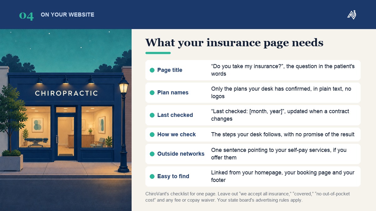 What a chiropractic clinic's insurance page needs: a title in the patient's words, confirmed plan names in plain text, a last checked line, how the desk checks a plan and easy links