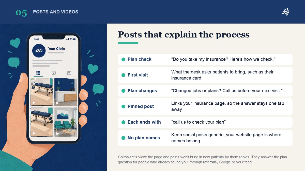 Insurance posts and videos that explain the process: how the desk checks a plan, the first visit and a plan change, each ending with call us to check your plan, plus a pinned post